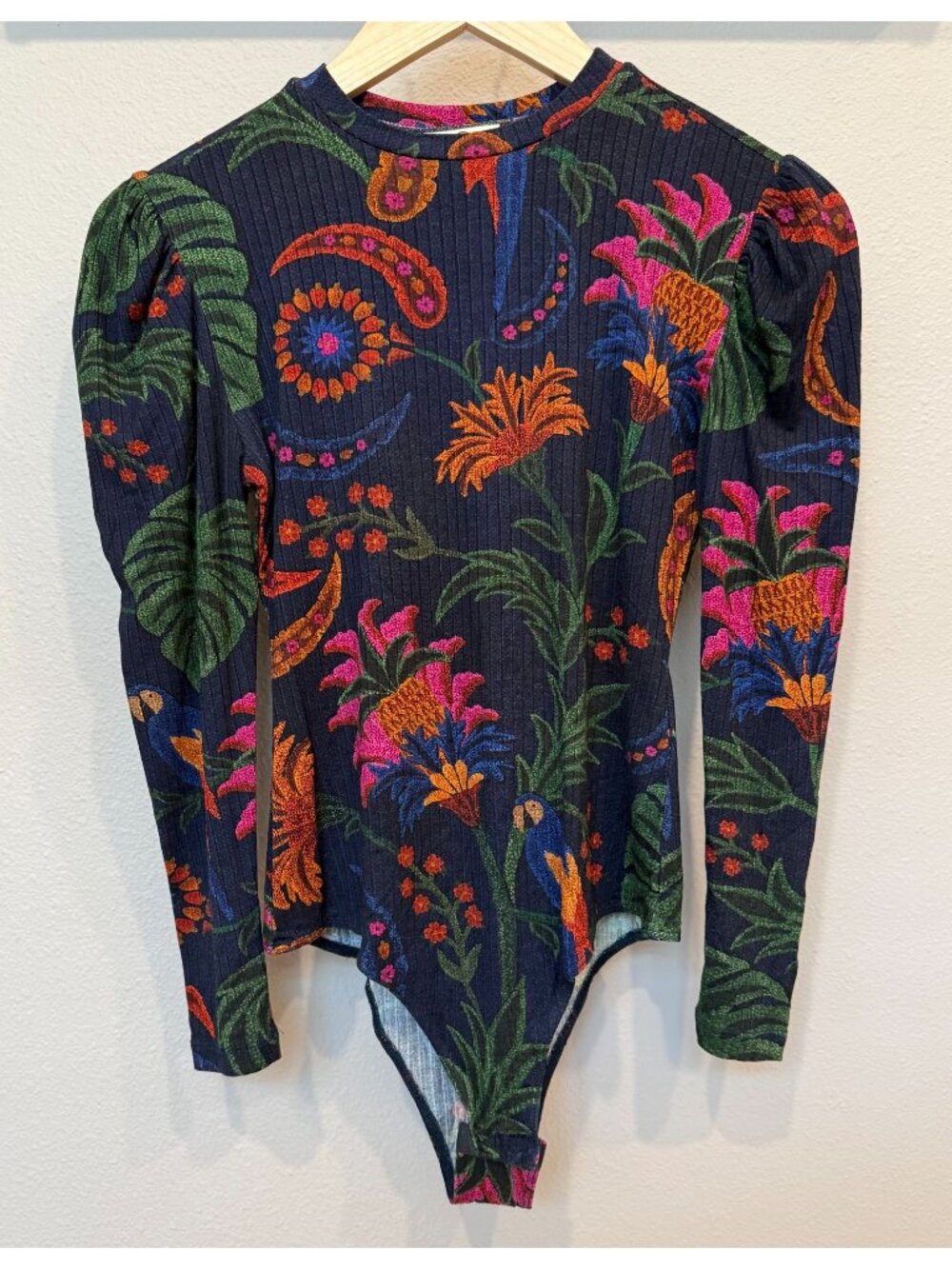 Farm Rio Floral Bird Tropical Tapestry Puff Sleeve Bodysuit Small Mock Neck